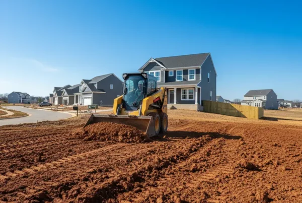 A skid steer performing residential land leveling on a yard with heavy clay soil.