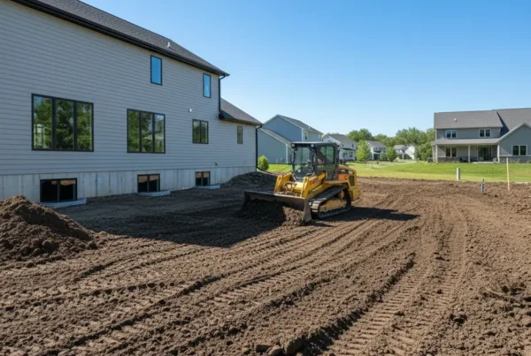 A small bulldozer grading a residential yard with heavy clay soil in Hilliard, Ohio.