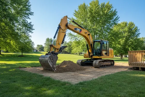 Excavator performing residential land leveling on a gently rolling lawn in Pickerington, Ohio.