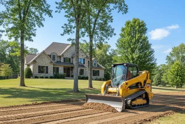 A skid steer performing land leveling on a large residential lot in Powell, Ohio.
