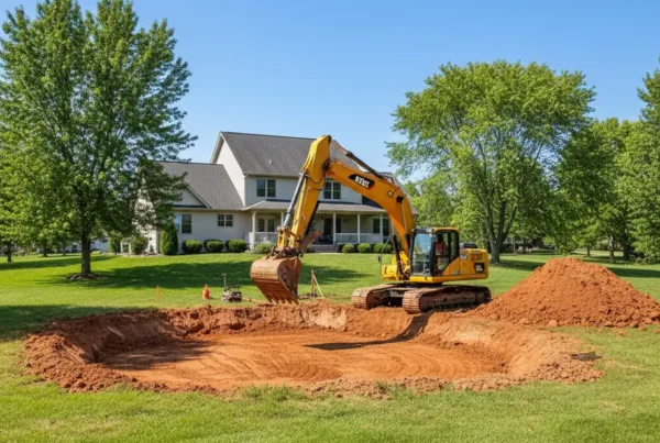 Excavator digging a new residential pond in a backyard in Ostrander, Ohio.