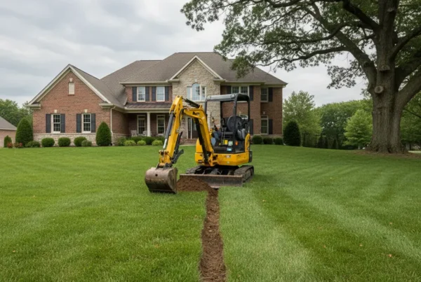 Mini-excavator performing trenching service on a residential lawn in Grandview Heights, Ohio.