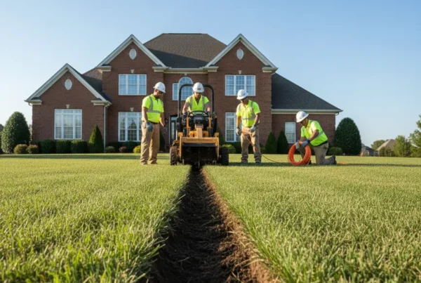 Professional crew using a modern trencher on a manicured lawn in a Powell, Ohio neighborhood.