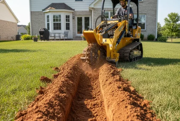 Compact trencher digging a utility line in a Whitehall, Ohio residential backyard.