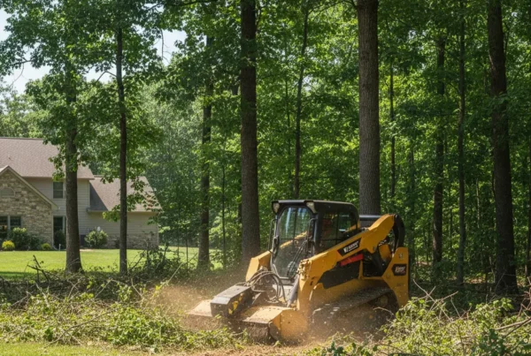 Professional crew member using a skid steer for brush clearing in a Gahanna backyard.