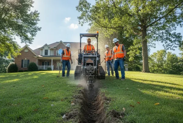 Professional crew using a trencher on a steep, wooded residential lot in Granville, Ohio.