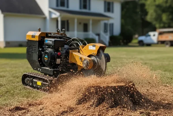 Stump Removal in Ohio: How to Clear Tree Stumps Safely, Affordably, and for Good 5 Professional stump grinder machine removing a large tree stump in an Amanda, Ohio backyard.