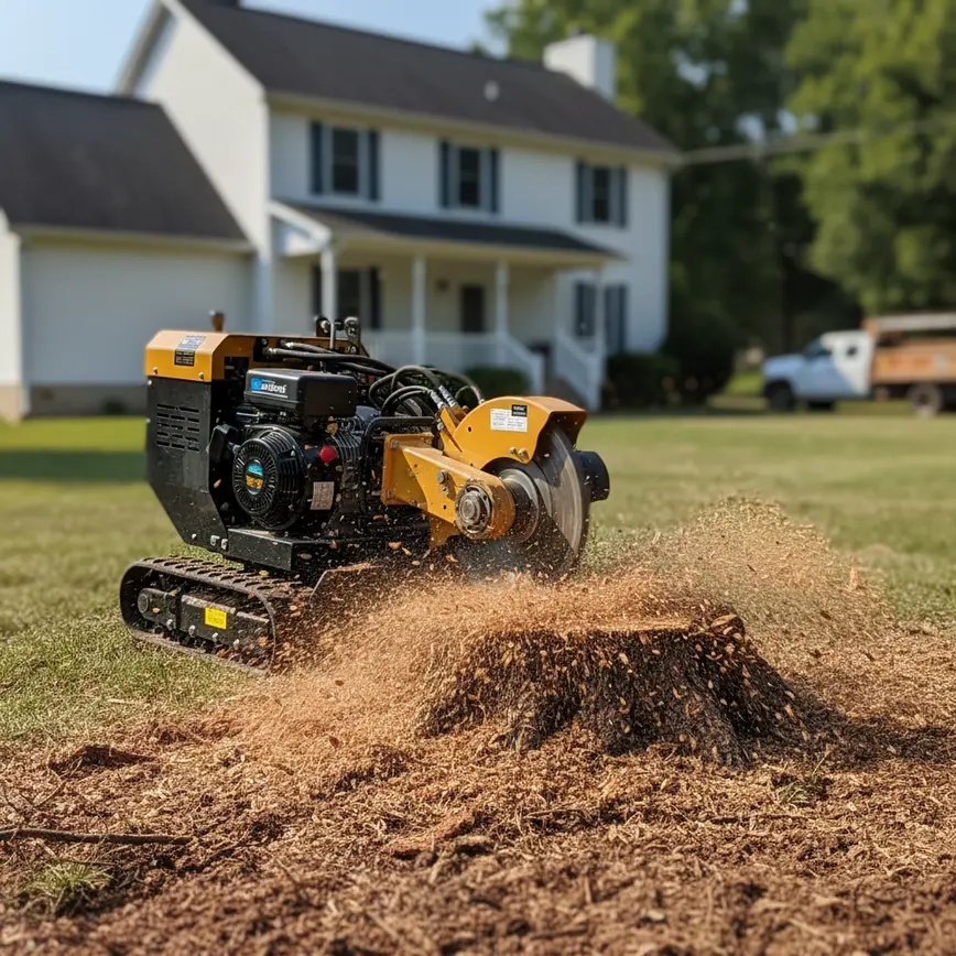 Professional stump grinder machine removing a large tree stump in an Amanda, Ohio backyard.