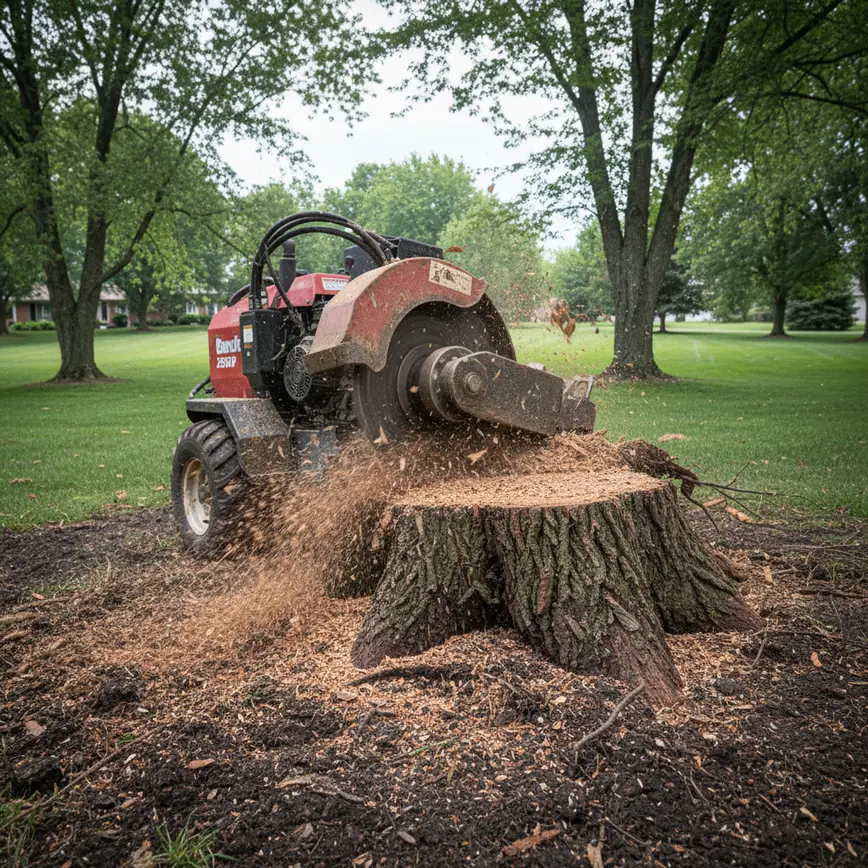 A stump grinding machine actively removing a large tree stump in a Baltimore yard.