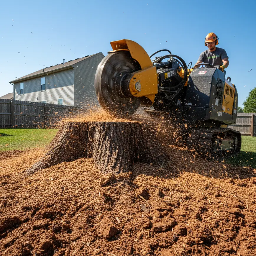 Professional stump grinder machine removing a tree stump from a clay soil yard.