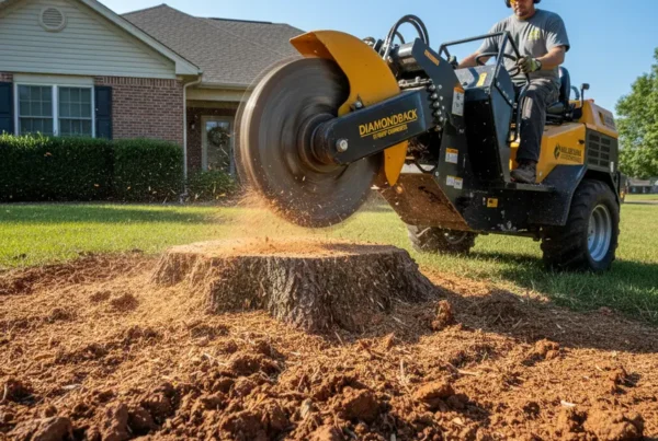 Professional stump grinder machine working on a tree stump in a Hilliard, Ohio yard.