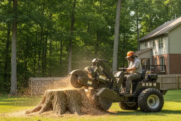 Professional stump grinder machine removing a large tree stump in a wooded Amanda, Ohio yard.
