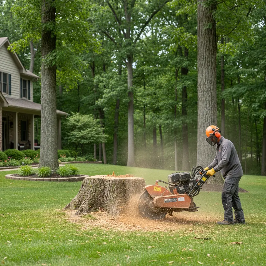 Professional stump grinder machine removing a large tree stump in a Baltimore, Ohio yard.