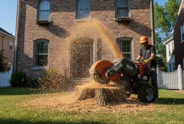 Professional stump grinder machine removing a large tree stump in a Columbus, Ohio yard.