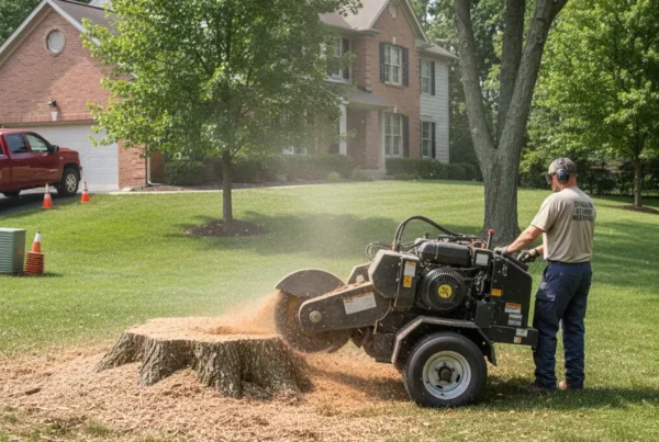 Professional crew performing stump grinding on a large stump in a Dublin, Ohio yard.