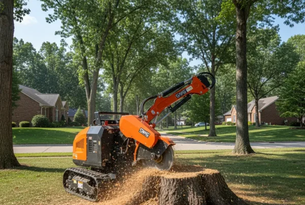 Professional stump grinder machine removing a large tree stump in a Gahanna, Ohio yard.