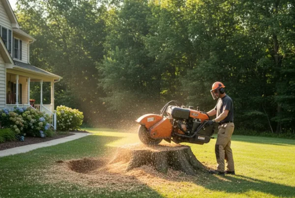 Professional stump grinder machine removing a large tree stump in a Hanover, Ohio yard.