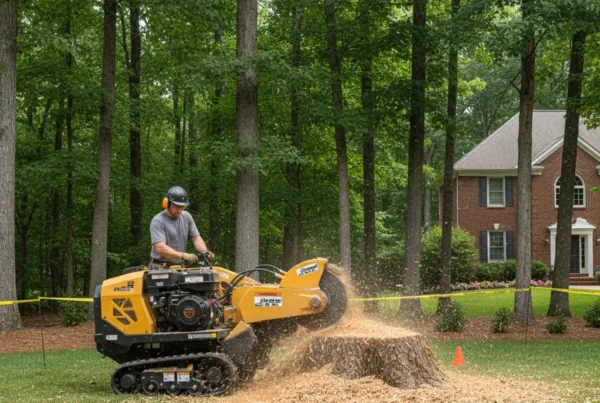 A professional stump grinder machine removing a large tree stump in a Johnstown yard.