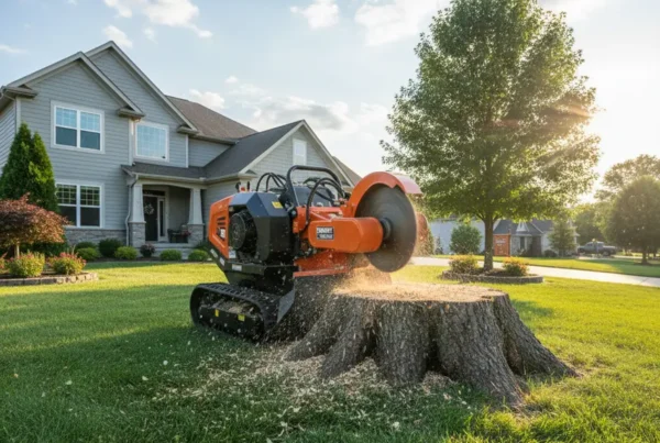 Stump grinder machine removing a large tree stump on a lawn in Magnetic Springs.