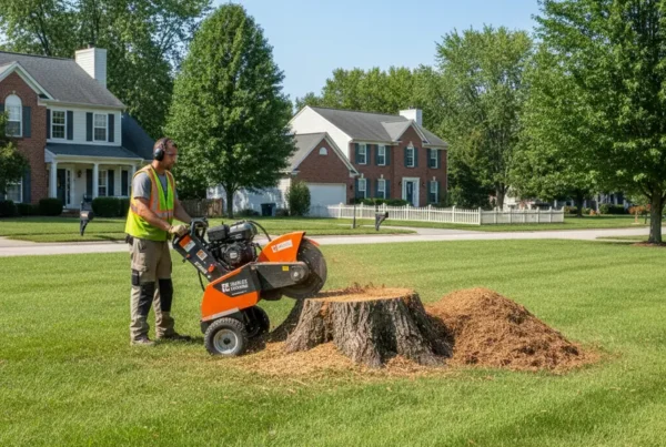 Professional stump grinder machine removing a tree stump from a residential yard in Milford Center.