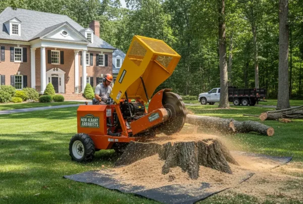 Professional stump grinder machine removing a large tree stump on a residential lawn.