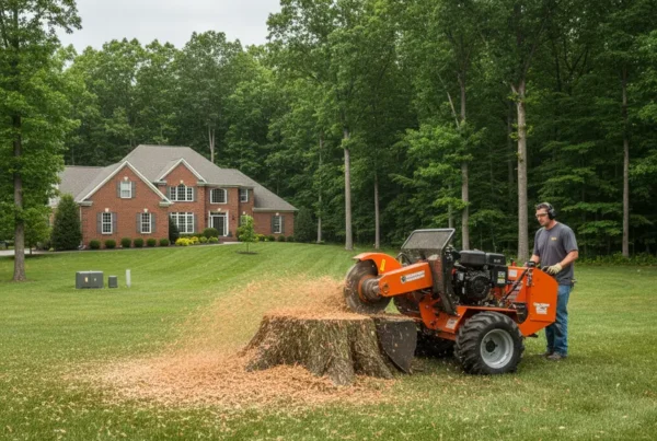 A professional stump grinder machine actively removing a large tree stump in a suburban yard.