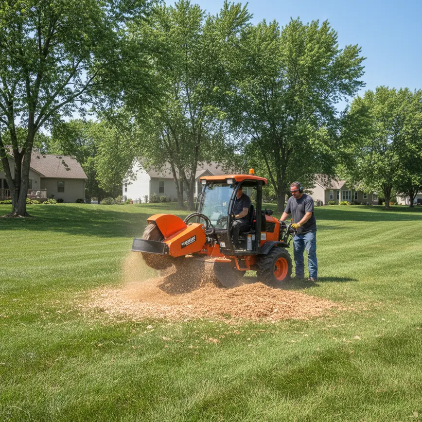 A professional stump grinder machine clearing a large tree stump in a Pickerington backyard.