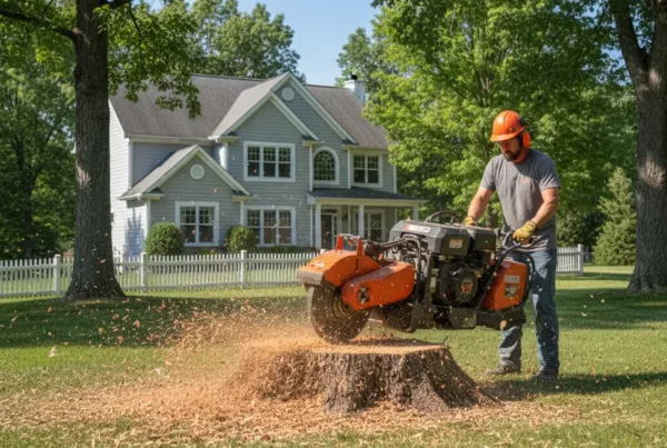 Professional operator using a stump grinder on a large stump in a Pickerington yard.