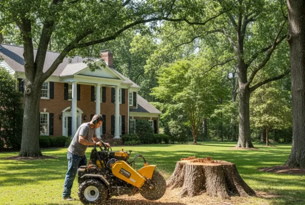 A professional stump grinder removing a large tree stump on a manicured lawn.
