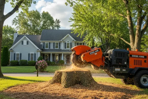 Professional stump grinder removing a large tree stump in a Westerville North residential yard.