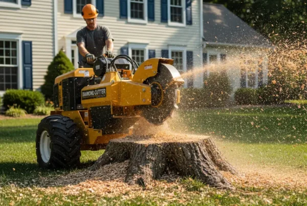 Professional stump grinder machine removing a tree stump from a residential yard in Whitehall.