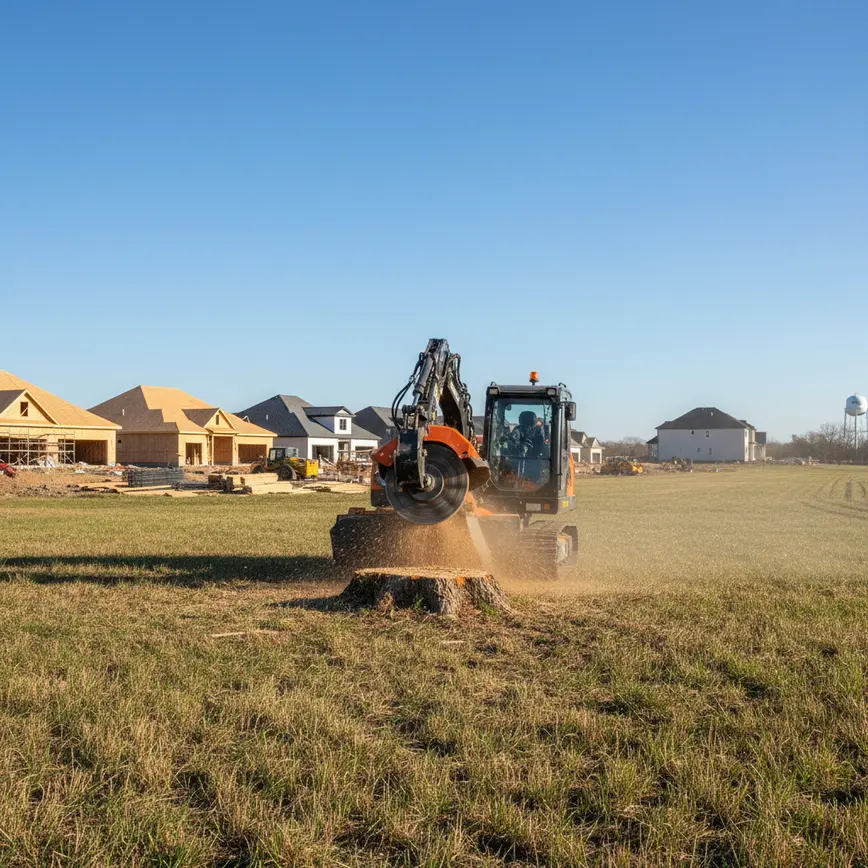 Stump grinding machine clearing a large stump on an open lot in Sunbury, Ohio.