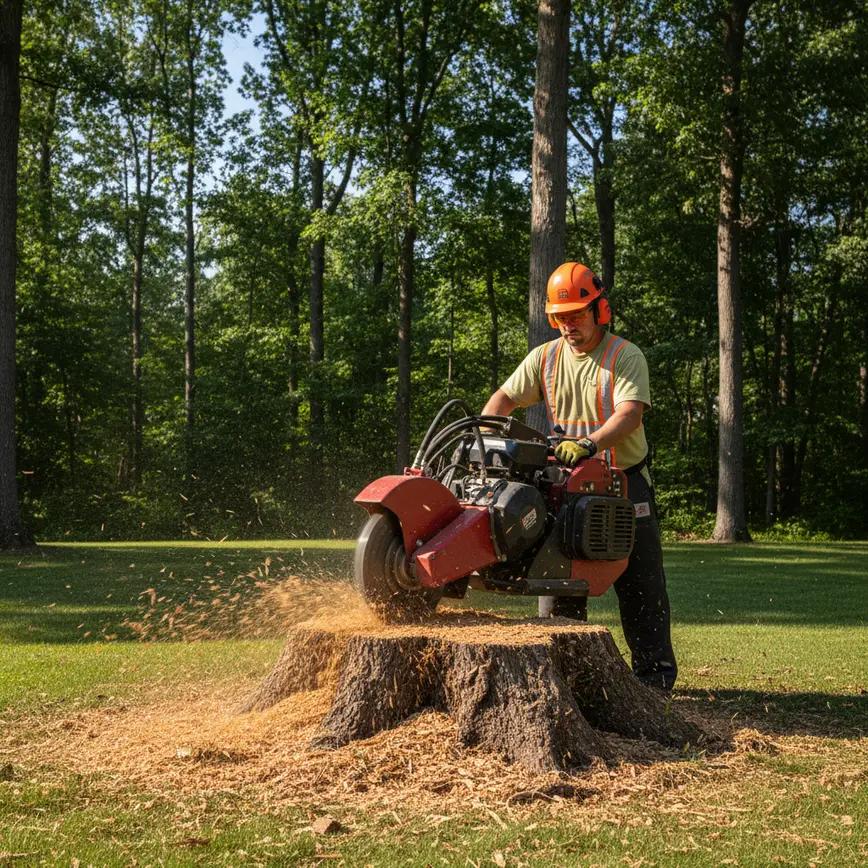 Professional operating a stump grinder on a large tree stump in a wooded Hebron backyard.