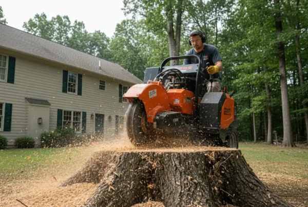 A professional stump grinder machine actively clearing a large tree stump in a wooded backyard.