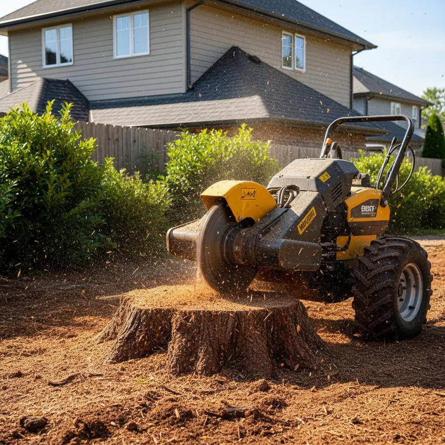 Professional stump grinder machine working on a tree stump in a yard with clay soil.