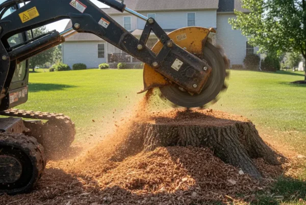 Stump grinder machine working on a tree stump in a backyard with clay soil.