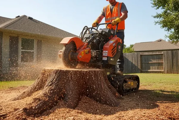 Professional stump grinder machine removing a large tree stump from a clay soil yard.