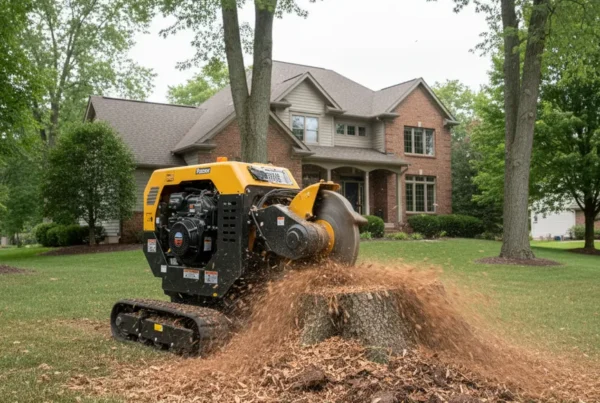 A powerful stump grinder machine chewing through a tree stump on a residential lawn.
