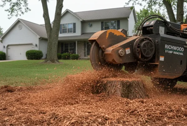 Professional stump grinder machine removing a tree stump from a clay soil yard in Richwood.