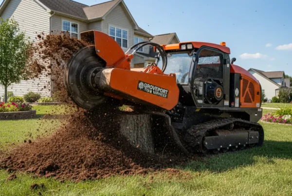 Professional stump grinder machine removing a tree stump from a residential lawn in Groveport.