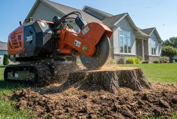 Stump grinding machine removing a large tree stump from a residential yard in Marysville.