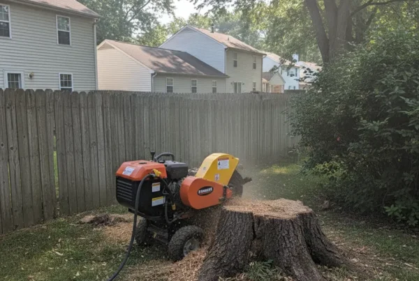 A compact stump grinder machine removing a tree stump in a tight suburban backyard.