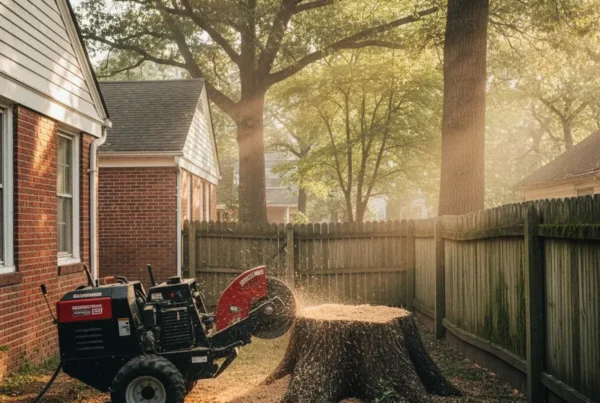 A professional stump grinder machine working in a narrow backyard in Grandview Heights, Ohio.