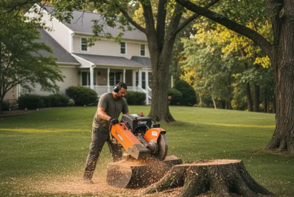 Professional using a stump grinder on a large stump in a Worthington, Ohio backyard.