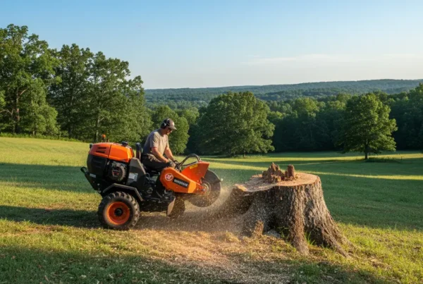 Stump grinder machine working on a tree stump on a sloped residential lawn in Rushville.
