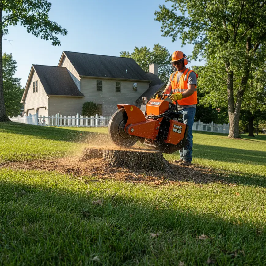 Professional stump grinder machine removing a large tree stump on a sloped residential lawn.