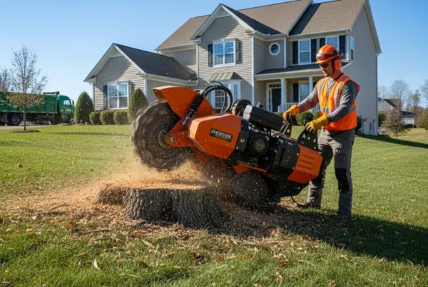 Professional stump grinder machine working on a large tree stump on a sloped residential lawn.