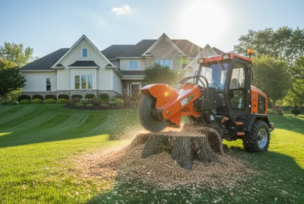 Professional stump grinder machine at work on a sloped residential lawn in Powell, Ohio.