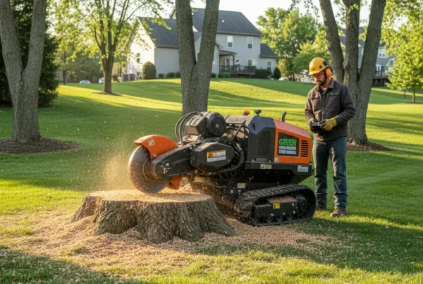 Professional stump grinding machine removing a large oak tree stump on a residential lawn.