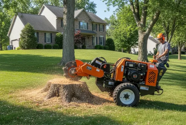 Professional stump grinder machine on a sloped residential lawn in Lithopolis, Ohio.